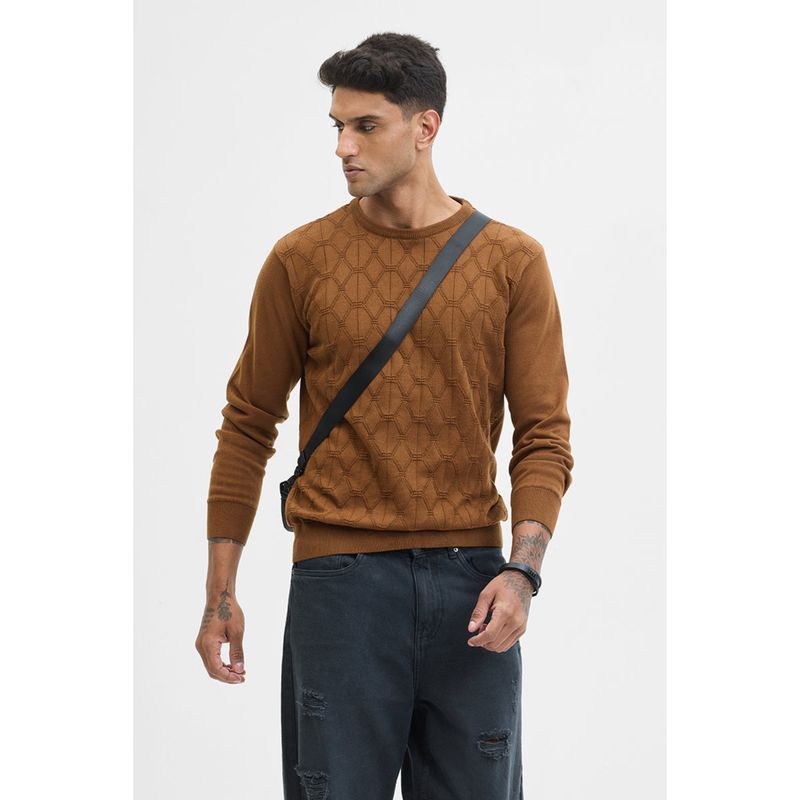 Snitch Brown Self-Design Slim Fit Sweater (2XL)