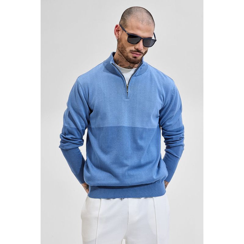 Snitch Light Blue Colour Blocked Knitted Sweater (2XL)