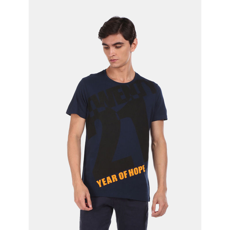 Arrow Newyork Navy Blue Printed T-Shirt (L)