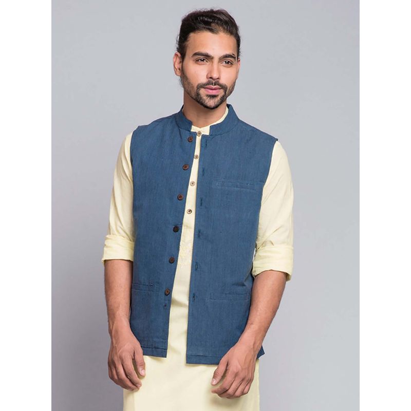 Fabindia Blue Cotton Firdaus Nehru Jacket (XS)