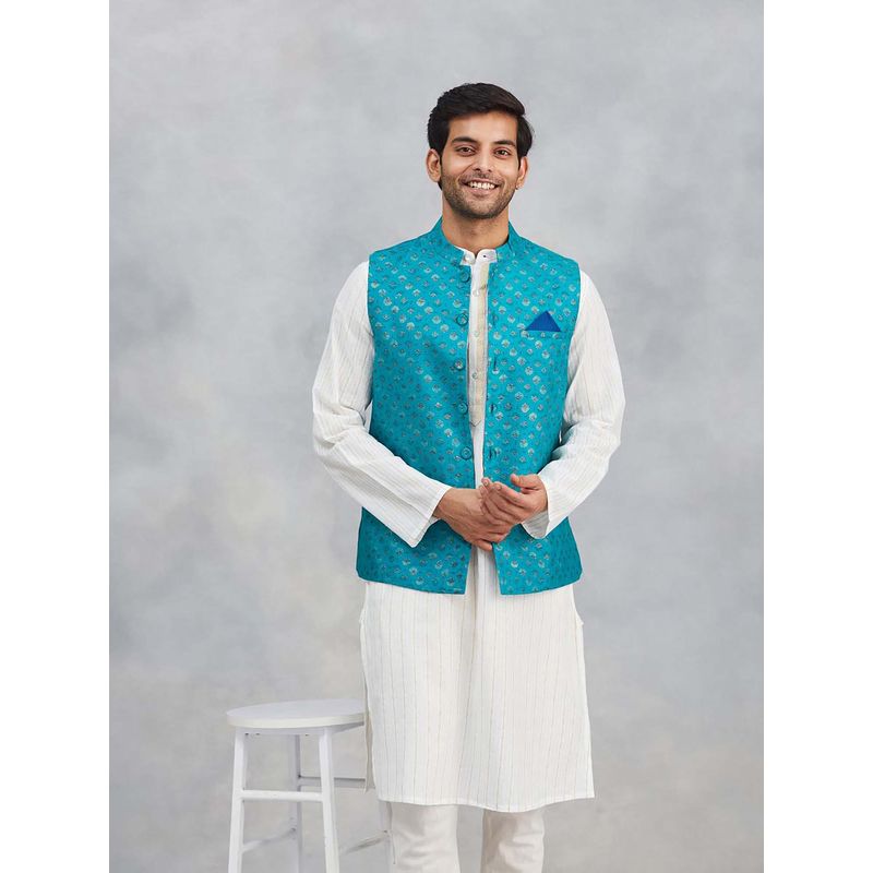 Fabindia Turquoise Viscose Silk Hand Block Printed Nehru Jacket (XS)