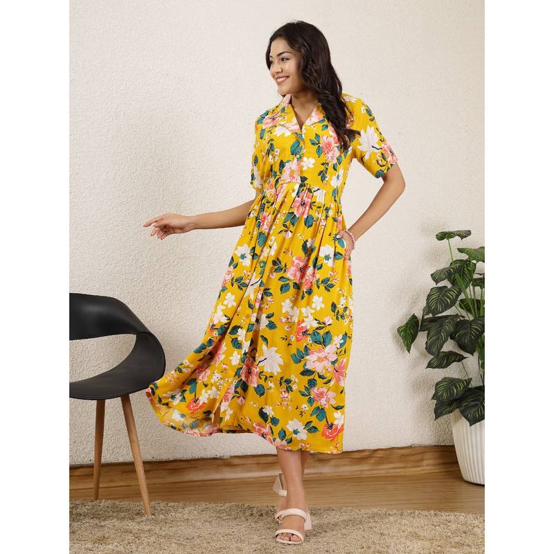 Zelena Women Half Sleeves Rayon Floral Printed Maternity Zipless Feeding Dress (L)
