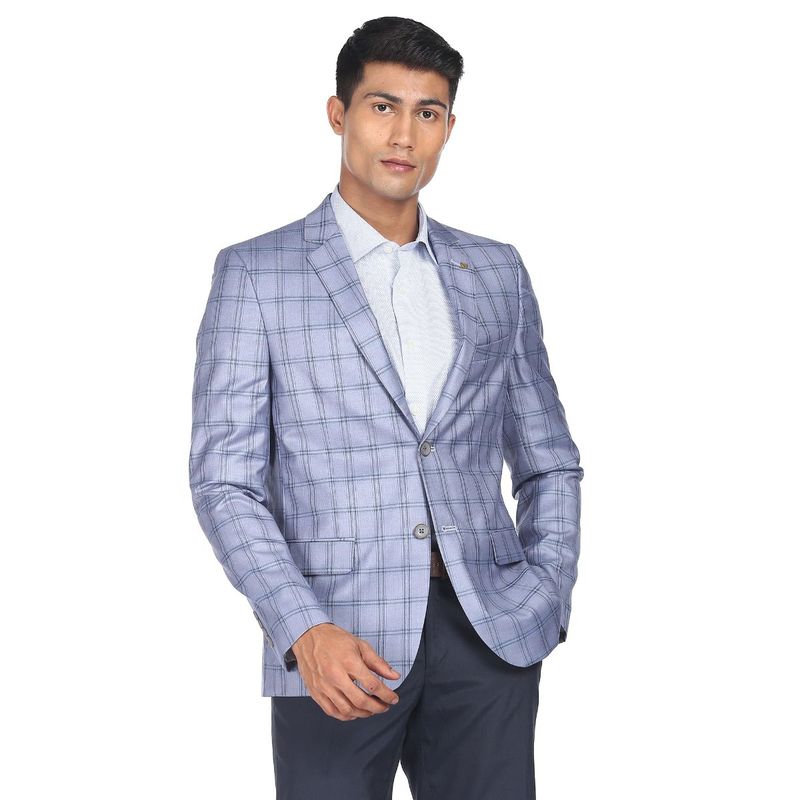 AD By Arvind Men Steel Blue Tartan Check Twill Blazer (40)