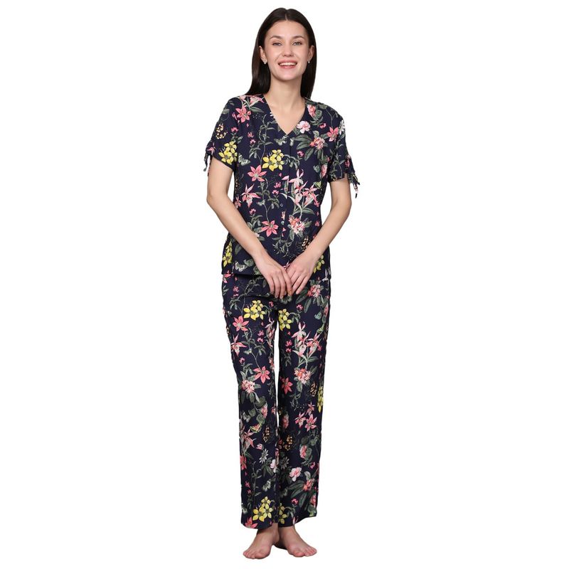BSTORIES Night Suit For Women-Navy Butterfly Floral Print (S)