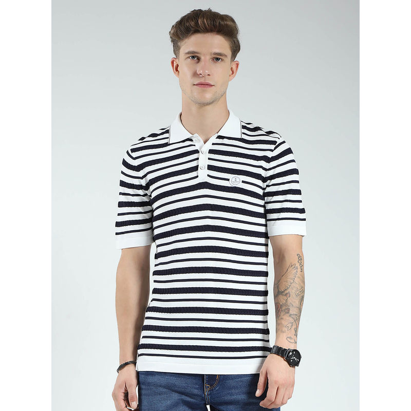 Monte Carlo Men White and Black Striped Collar Neck Polo T-shirt (M)