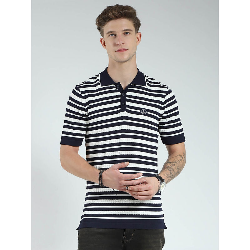 Monte Carlo Men Navy Blue and White Striped Collar Neck Polo T-shirt (M)
