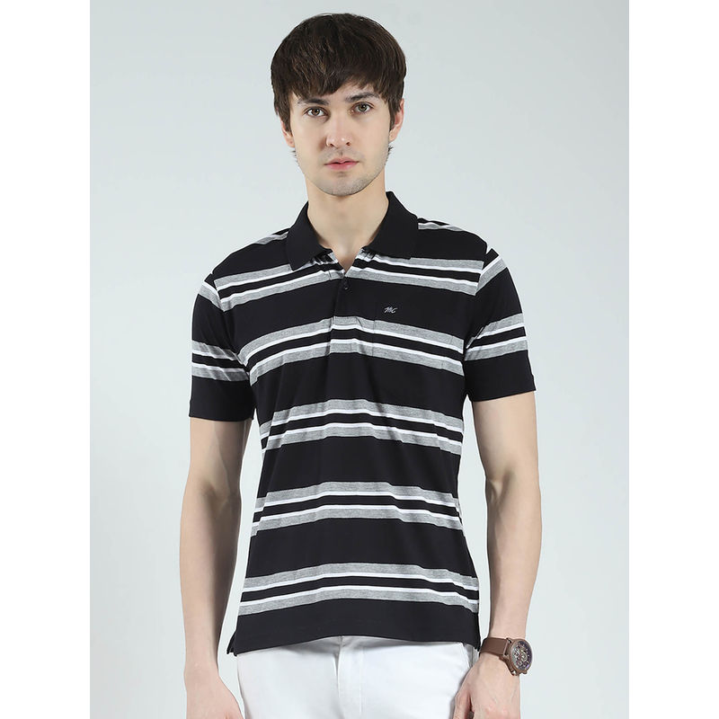 Monte Carlo Men Black Striped Collar Neck Polo T-shirt (M)