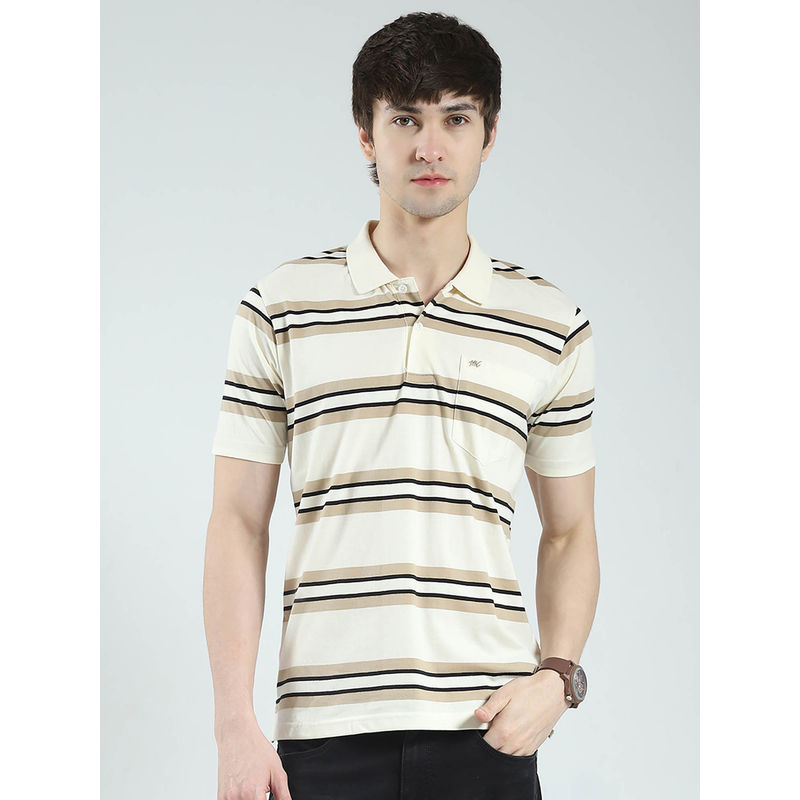 Monte Carlo Men Beige Striped Collar Neck Polo T-shirt (M)
