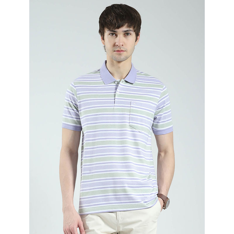 Monte Carlo Men Lavender Striped Collar Neck Polo T-shirt (3XL)