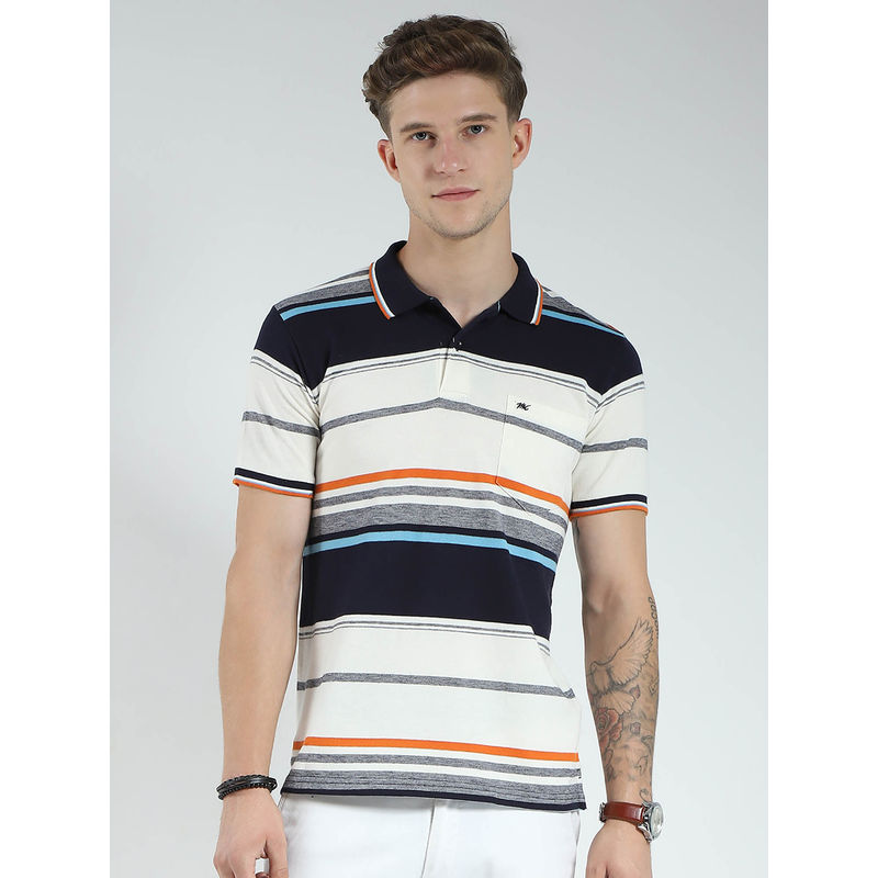 Monte Carlo Men Navy Blue and White Striped Collar Neck Polo T-shirt (2XL)