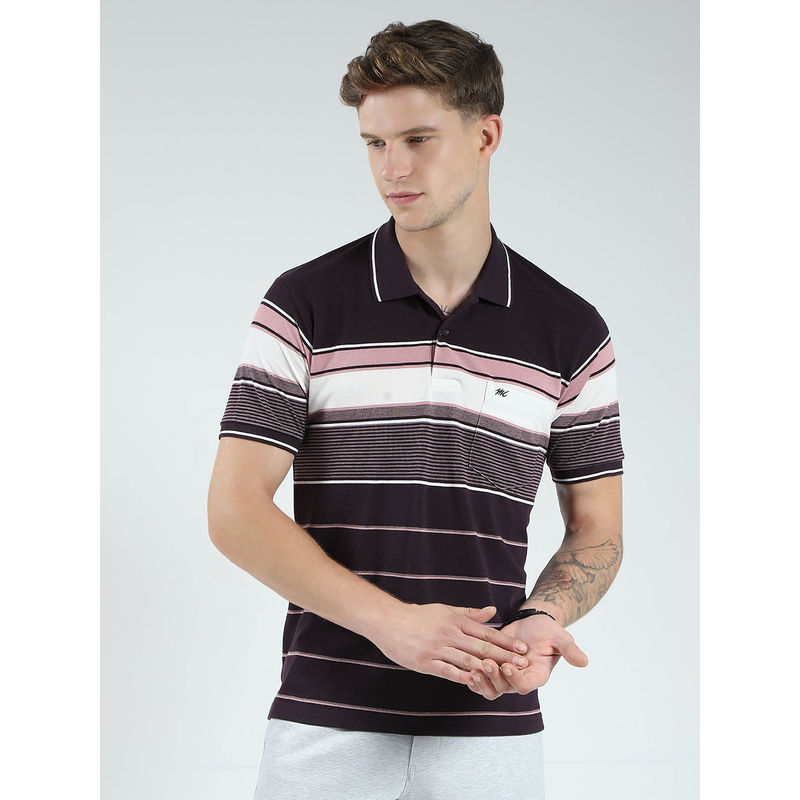 Monte Carlo Men Burgundy Striped Collar Neck Polo T-shirt (XL)