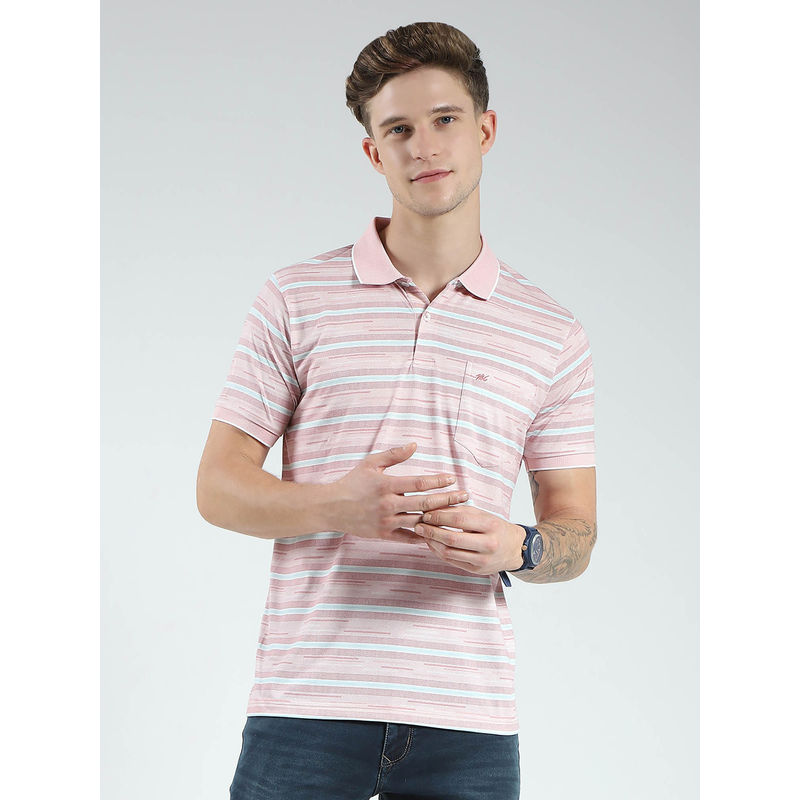 Monte Carlo Men Pink Striped Collar Neck Polo T-shirt (M)