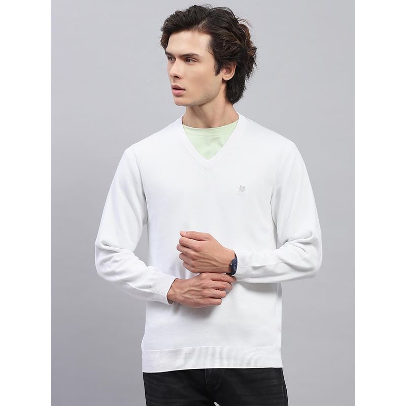 Monte Carlo Mens White Solid V Neck Full Sleeves Sweater (XL)