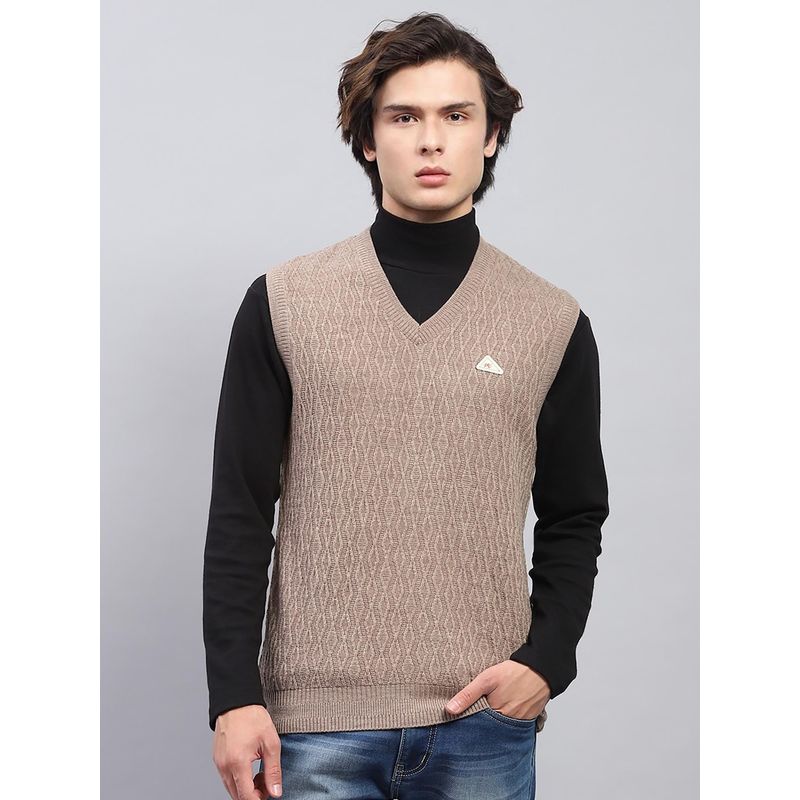 Monte Carlo Mens Beige Self Design V Neck Sleeveless Sweater (3XL)