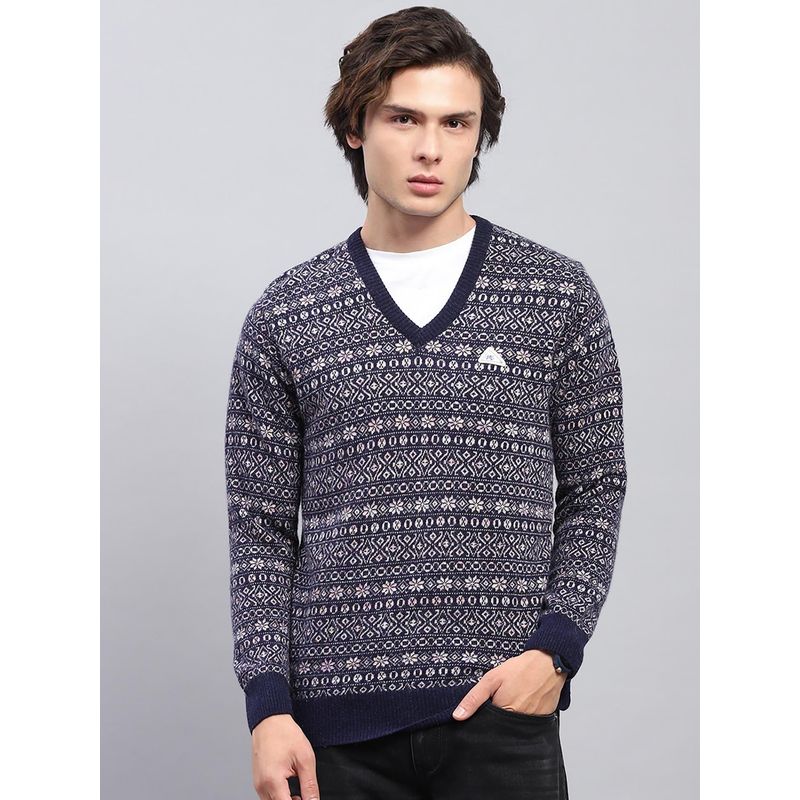 Monte Carlo Mens Navy Blue Floral Design V Neck Full Sleeves Sweater (2XL)