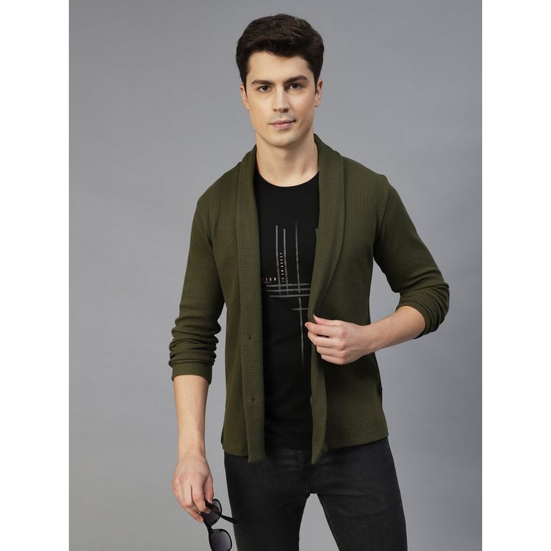 RIGO Men Olive Green Shawl Collar Waffle Knit Jacket (XL)