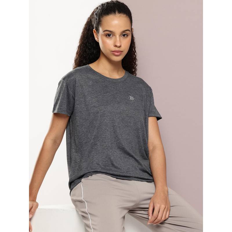 DILLINGER Womens Polyester Plain Boxy Regular Fit Charcoal T-Shirt (XS)