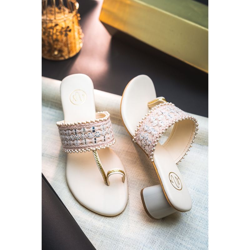 NR BY NIDHI RATHI Cream Embellished Casual Block Heels (EURO 36)