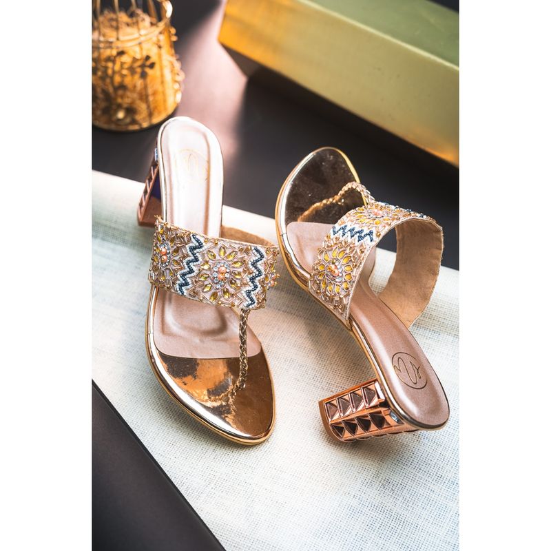 NR BY NIDHI RATHI Rose Gold Embellished Ethnic Block Heels (EURO 38)