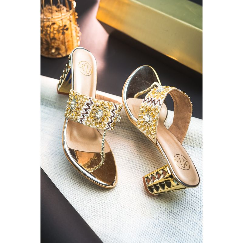 NR BY NIDHI RATHI Gold Embellished Ethnic Block Heels (EURO 40)