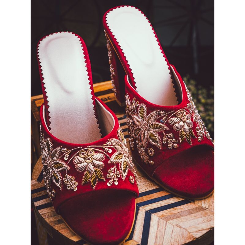NR BY NIDHI RATHI Maroon Hand Embroidered Block Heels (EURO 36)