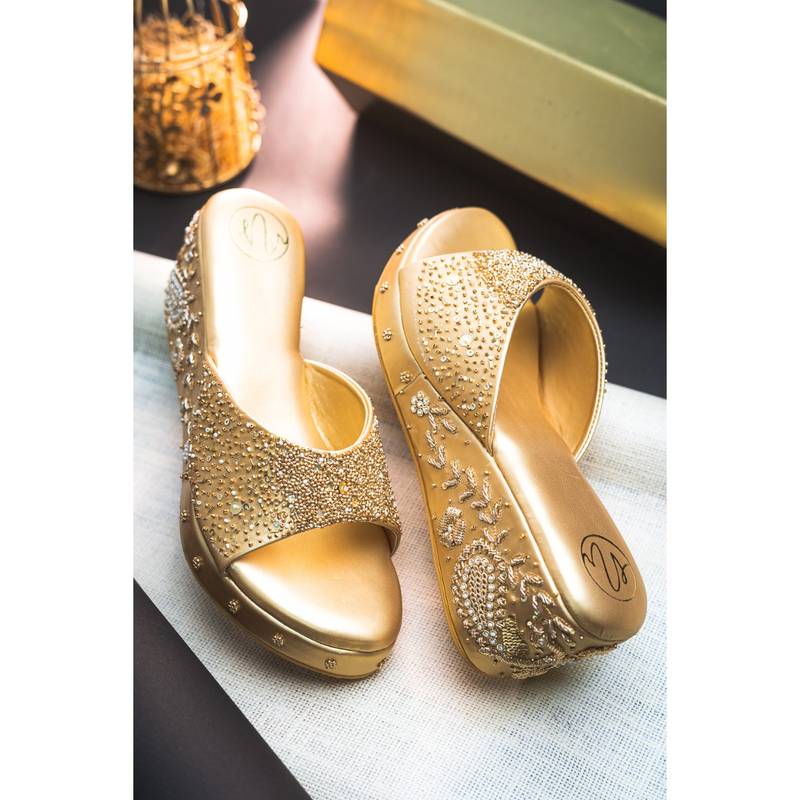 NR BY NIDHI RATHI Gold Embellished Round Toe Wedges Heels (EURO 36)