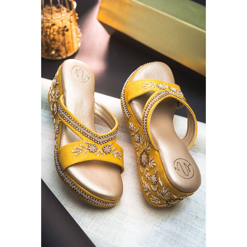 NR BY NIDHI RATHI Mustard Embellished Round Toe Wedges Heels (EURO 38)