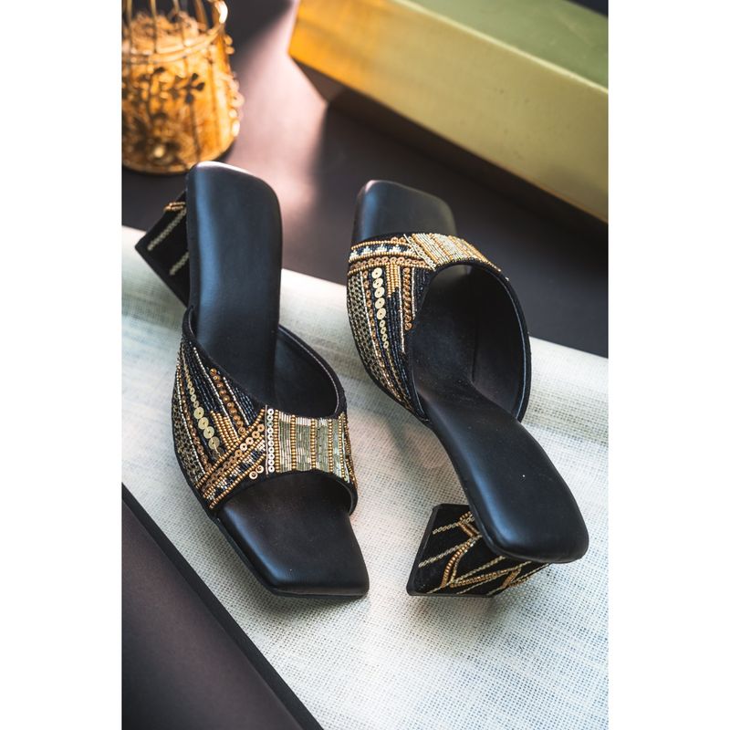 NR BY NIDHI RATHI Victoria Black Embellished Leather Ethnic Sandal Heels (EURO 36)