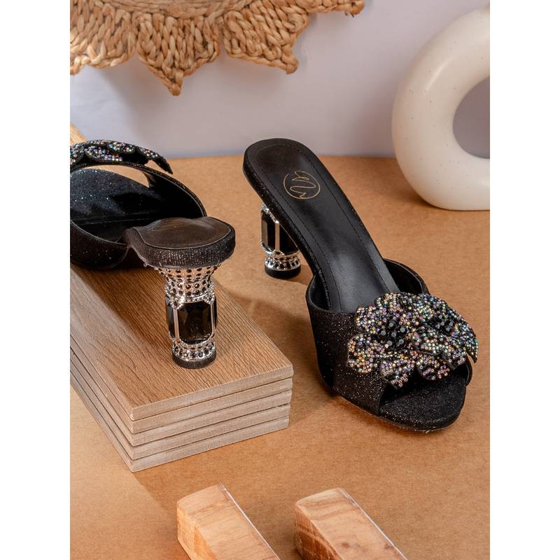 NR BY NIDHI RATHI Black Flower Embellised Sandal Heels (EURO 36)