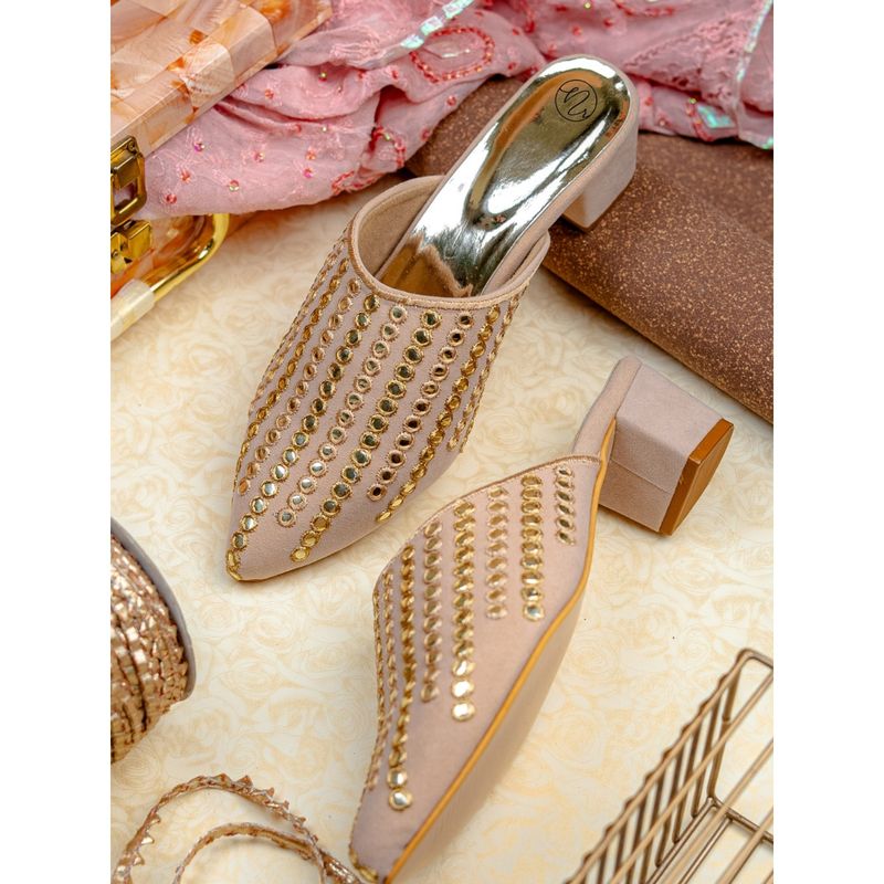 NR BY NIDHI RATHI Beige Mirror Embellised Block Mules Heels (EURO 36)