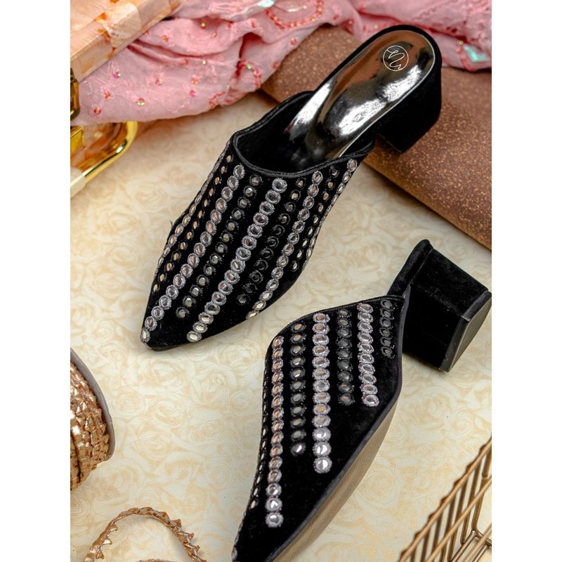 NR BY NIDHI RATHI Black Mirror Embellised Block Mules Heels (EURO 39)