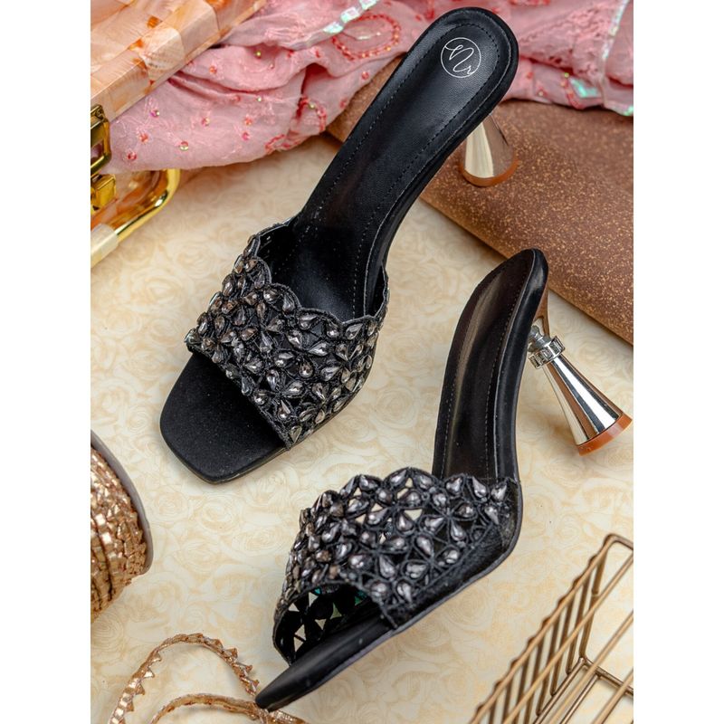 NR BY NIDHI RATHI Black Stone Embellisment With Cut Work Spool Heels (EURO 36)