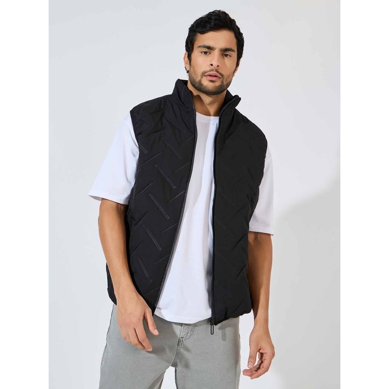 Styli Men Patterned Quilted Sleeveless Jacket with Welt Pockets (L)