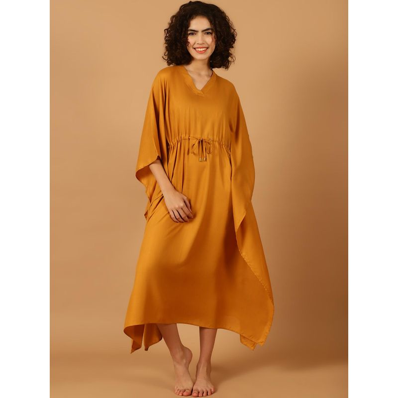 Blissence Women Mustard Solid Kaftan Nightdress (S)