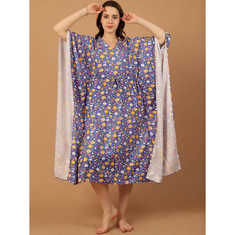Blissence Women Blue Floral Printed Kaftan Nightdress (S)