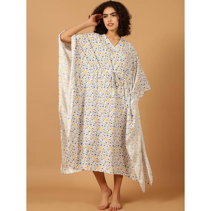 Blissence Women White Floral Printed Kaftan Nightdress (S)