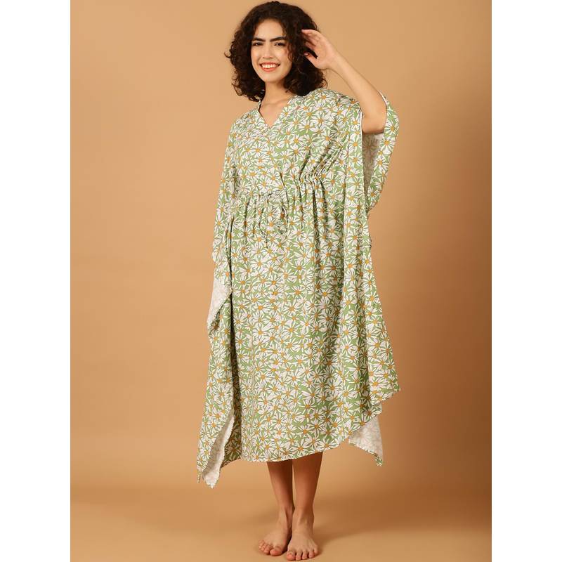 Blissence Women Green Daisy Dee Printed Kaftan Nightdress (S)