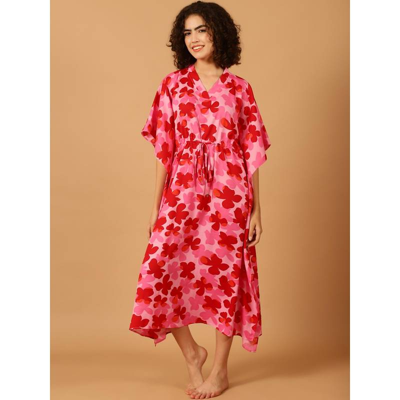 Blissence Women Red And Pink Floral Printed Kaftan Nightdress (S)