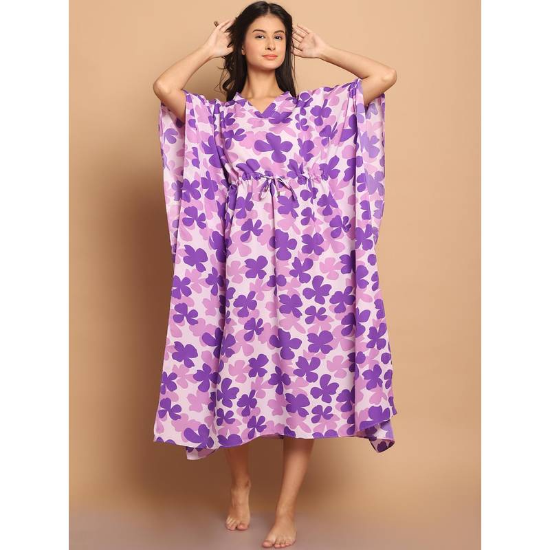 Blissence Women Purple Floral Printed Kaftan Nightdress (S)