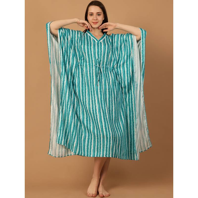 Blissence Women Blue And White Stripped Kaftan Nightdress (XL)