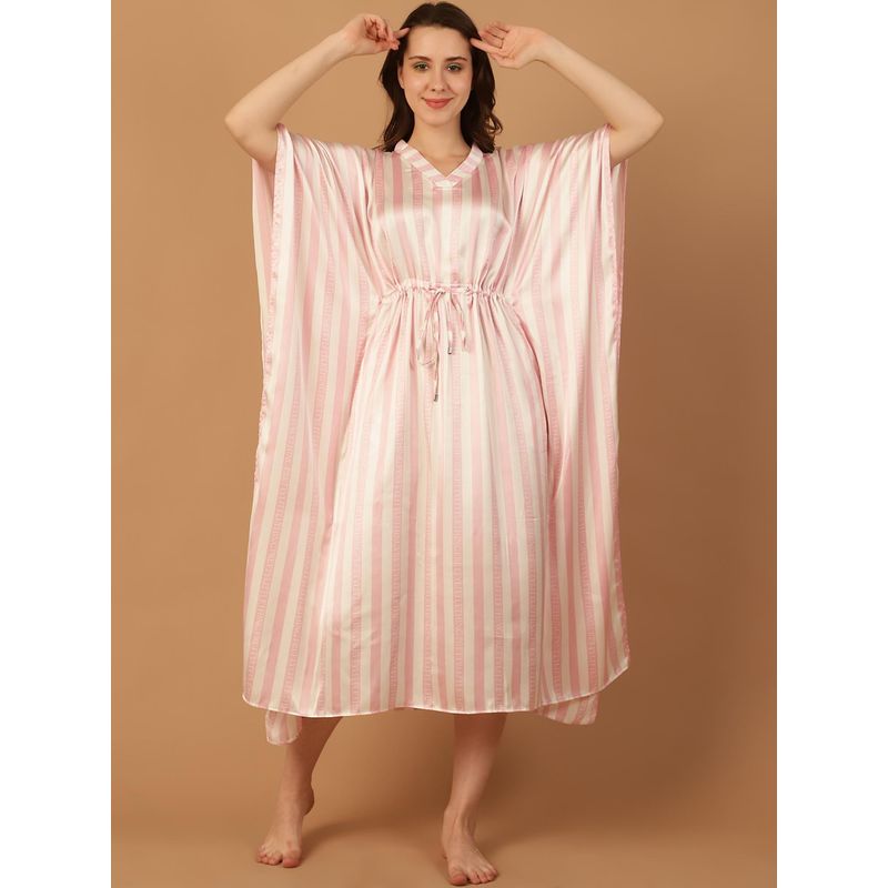 Blissence Women Pink And White Stripped Kaftan Nightdress (M)