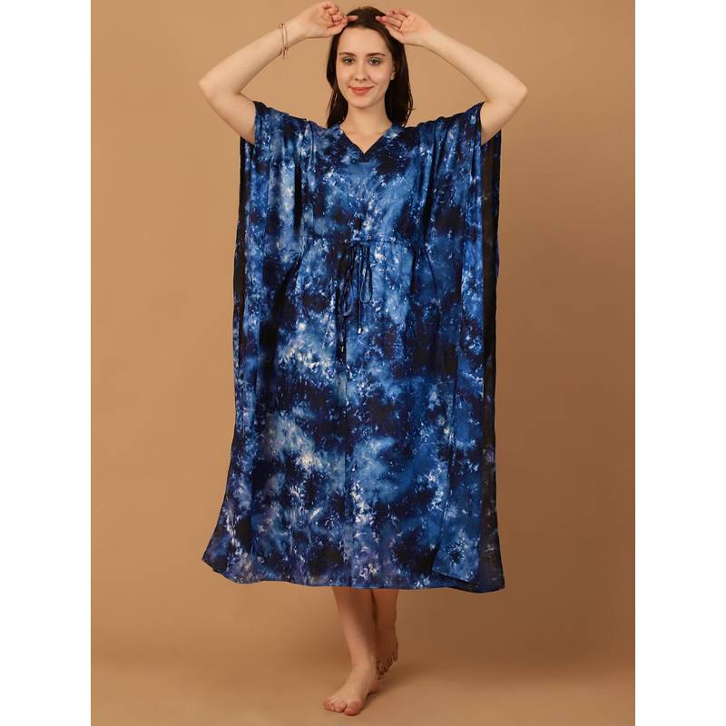 Blissence Women Blue Tie And Dye Kaftan Nightdress (S)