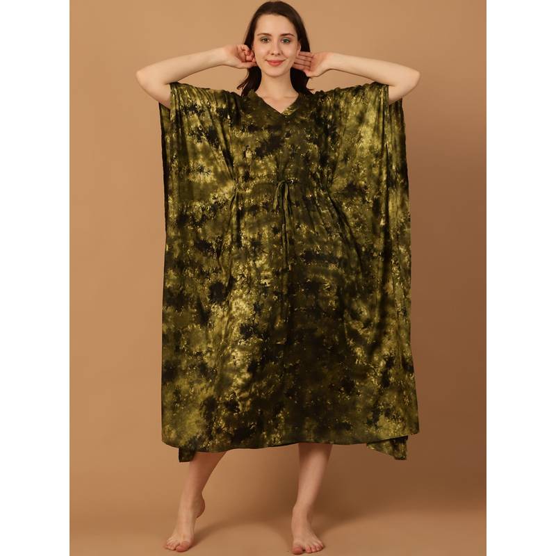 Blissence Women Olive Tie And Dye Kaftan Nightdress (S)
