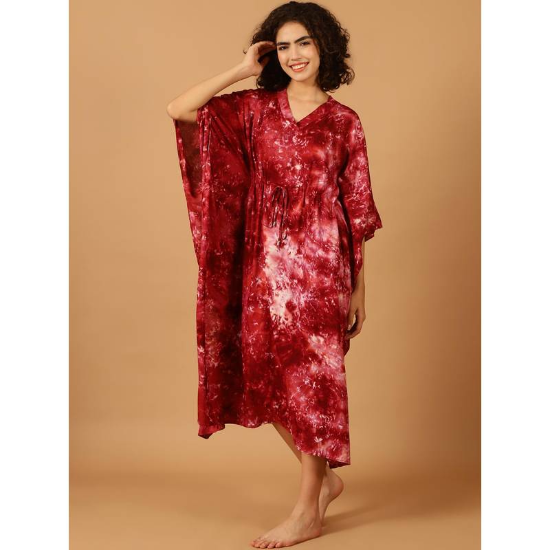 Blissence Women Maroon Tie And Dye Kaftan Nightdress (S)
