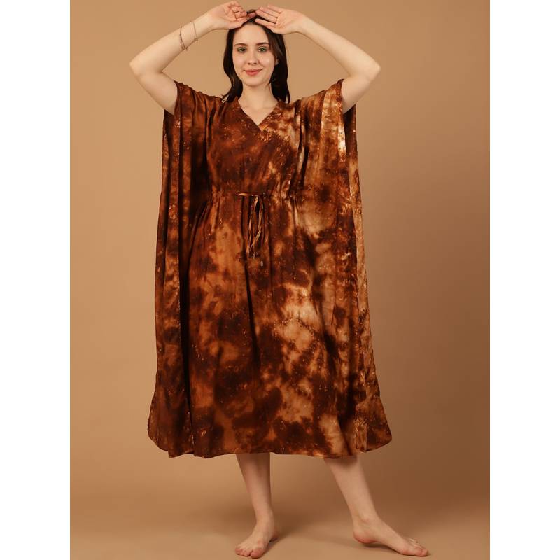 Blissence Women Brown Tie And Dye Kaftan Nightdress (S)
