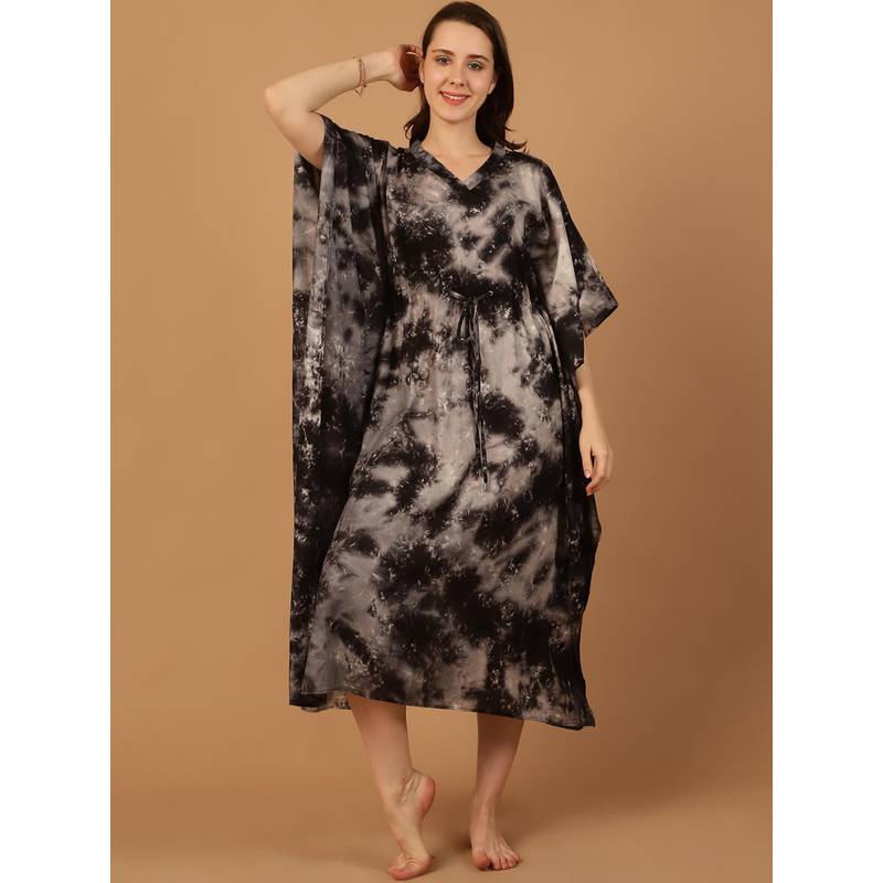 Blissence Women Black Tie And Dye Kaftan Nightdress (M)