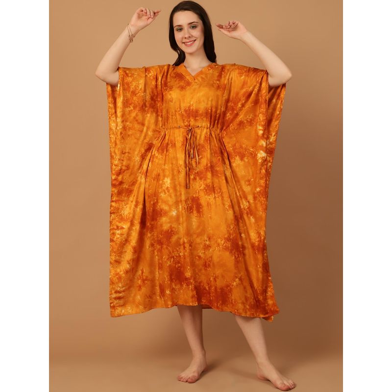 Blissence Women Mustard Tie And Dye Kaftan Nightdress (S)