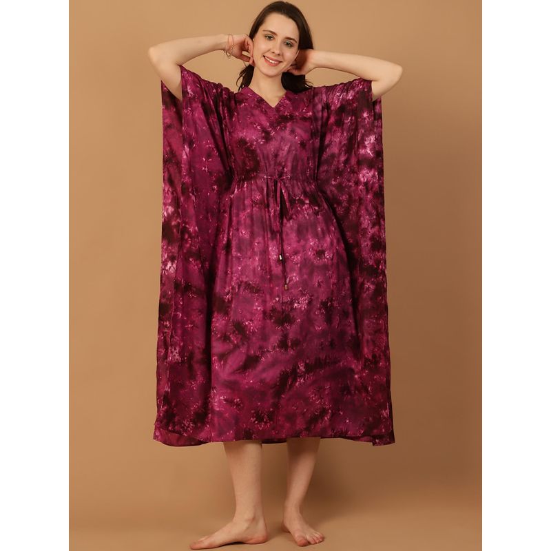 Blissence Women Wine Tie And Dye Kaftan Nightdress (S)
