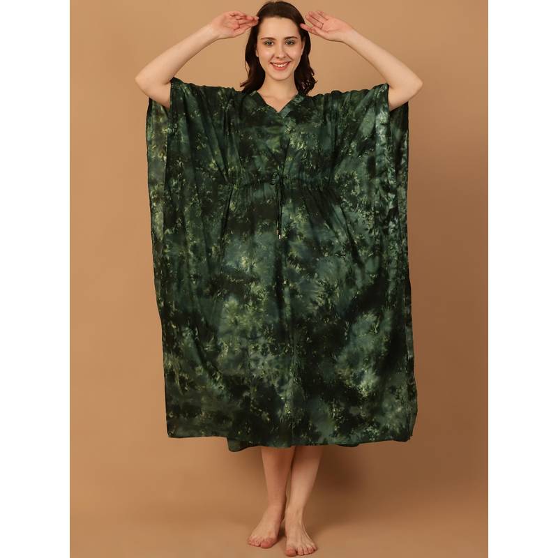 Blissence Women Green Tie And Dye Kaftan Nightdress (S)