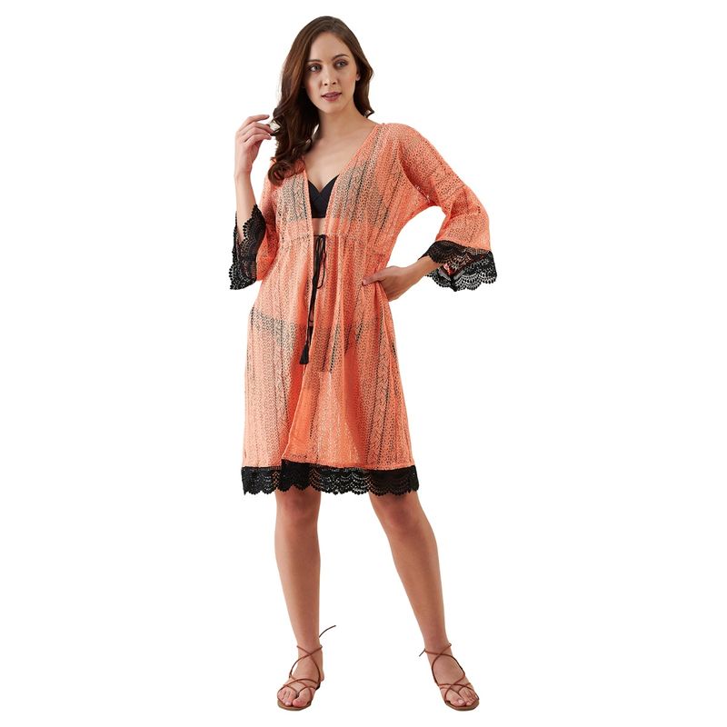 The Kaftan Company Solid Lace Resort Coverup Coral (S)